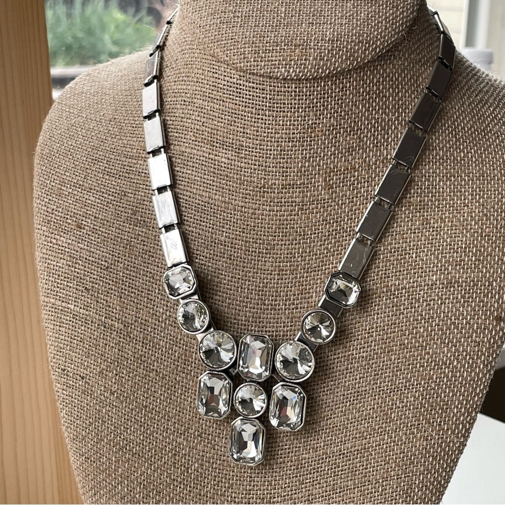 Silver Large Flat Rhinestones Statement Necklace - image 1